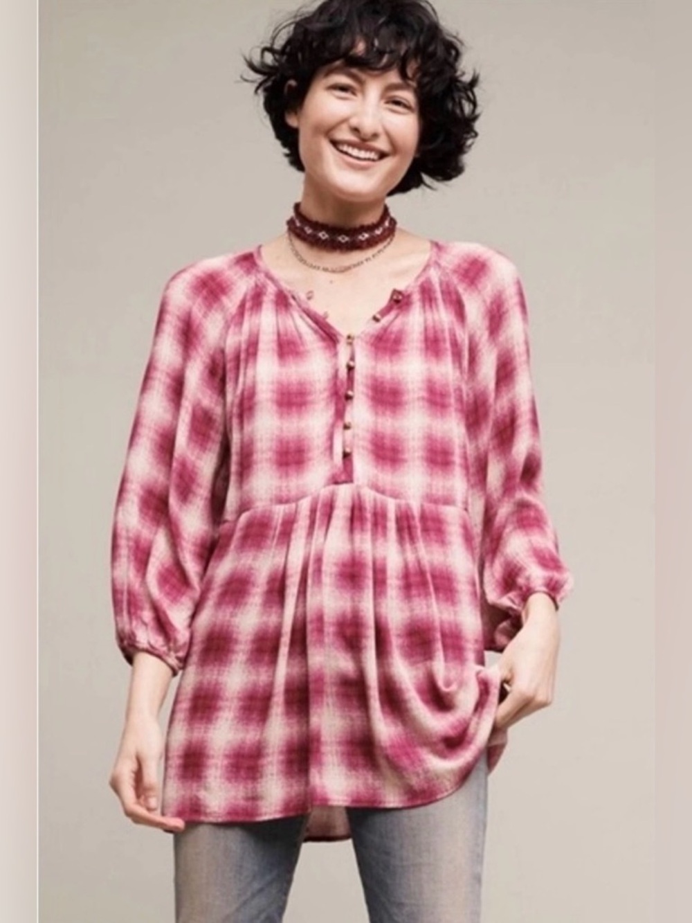 MAEVE Anthropologie Calavon Pink Plaid Babydoll Top Womens M Boho Indie Granola